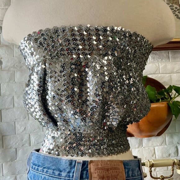 Vintage 1970s Disco Metallic Silver Sequin Tube Top - Picture 7 of 11